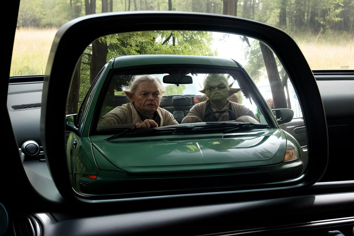 Car interior, focus on Yoda, (seen in the reflection of a rearview mirror back mirror:1.3), in the middle of the backseat, annoyed, crossed arms,, cracked windshield, highway,