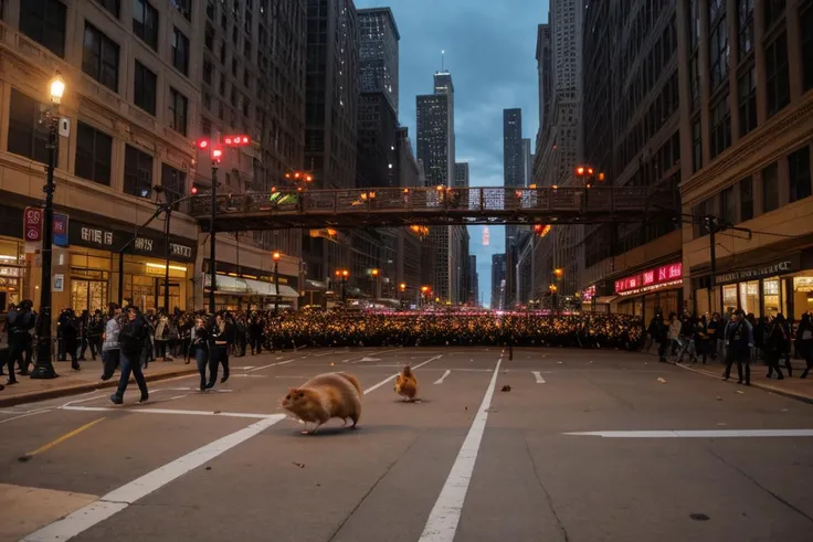 Nighttime, Giant massive hamsters run amok in downtown Chicago, fleeing crowd of panicked people,