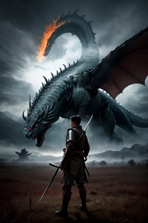 Climactic scene, a samurai with his katana standing in a field facing a distant giant dragon creature with a demonic face, glowing eyes, two outstretched wings, scaled muscular arms sharp claws, ready to start fight, intense scene, fire and air flows, 8k ultrafine detail, attack on titan style, masterpiece, cinematic,(size difference),