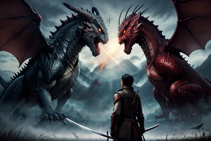 Climactic scene, a samurai with his katana standing in a field facing a distant giant dragon creature with a demonic face, glowing eyes, two outstretched wings, scaled muscular arms sharp claws, ready to start fight, intense scene, fire and air flows, 8k ultrafine detail, attack on titan style, masterpiece, cinematic,(size difference),