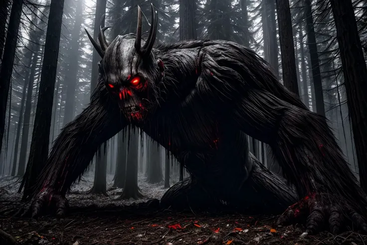 Outdoors, nighttime, terrifying gigantic wendigo roaring, terrified injured man on the ground, blood splatter, waning light, deep dark woods, tall thick ancient trees, falling snow, winter, bloody trail of carnage,