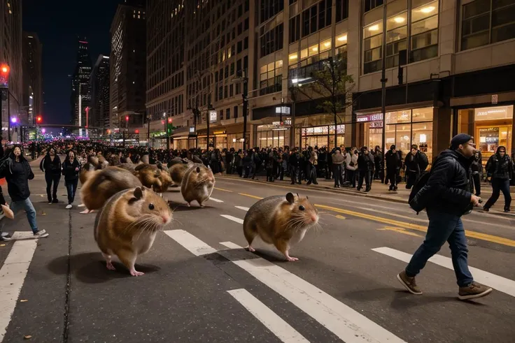 Nighttime, Giant massive hamsters run amok in downtown Chicago, fleeing crowd of panicked people,