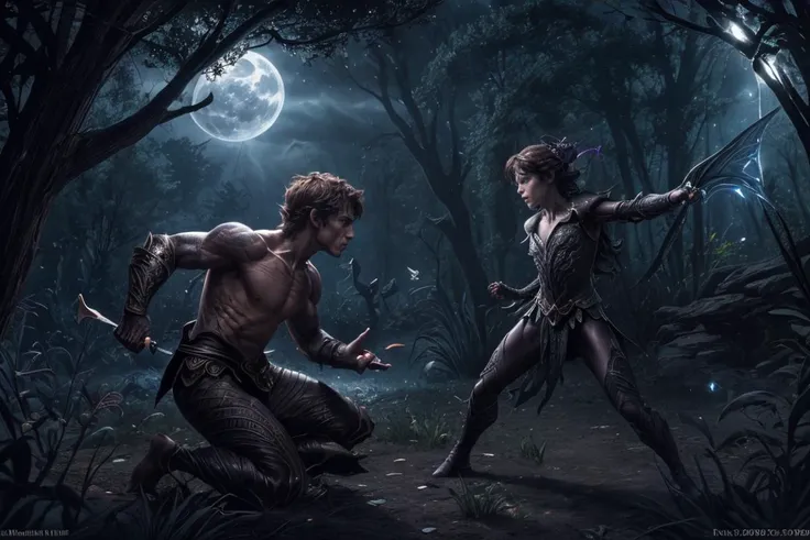 dynamic angle,intricate details,combat (2boy Fae creatures vs. dark enchantresses in moonlight.),, graphic novel from the year 2000,dynamic angle,best quality,masterpiece,intricate details,combat (2boy Battle of light and darkness in celestial realm.),