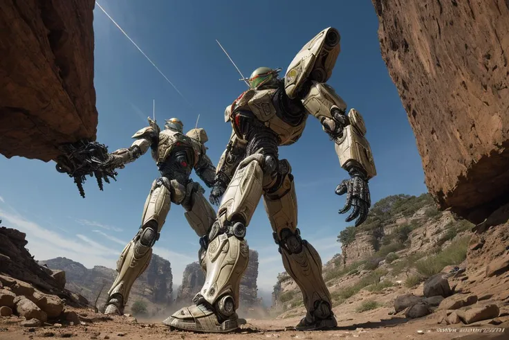 dynamic angle,intricate details,combat (2boy Mech suits clashing on alien planet.),, graphic novel from the year 2000,dynamic angle,best quality,masterpiece,intricate details,combat (2boy Foot soldiers in a pitched battle.),