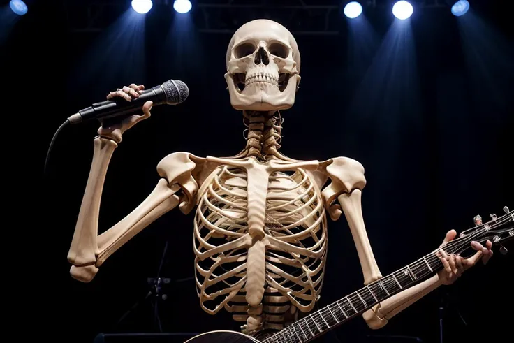 Solo focus, (skeletal Skeleton) singing passionately into a microphone performing on stage, concert, stage lighting, special effects,