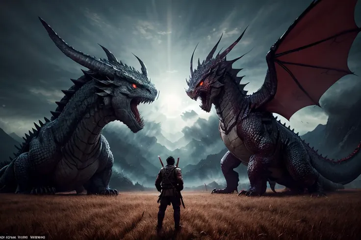 Climactic scene, a samurai with his katana standing in a field facing a distant giant dragon creature with a demonic face, glowing eyes, two outstretched wings, scaled muscular arms sharp claws, ready to start fight, intense scene, fire and air flows, 8k ultrafine detail, attack on titan style, masterpiece, cinematic,(size difference),