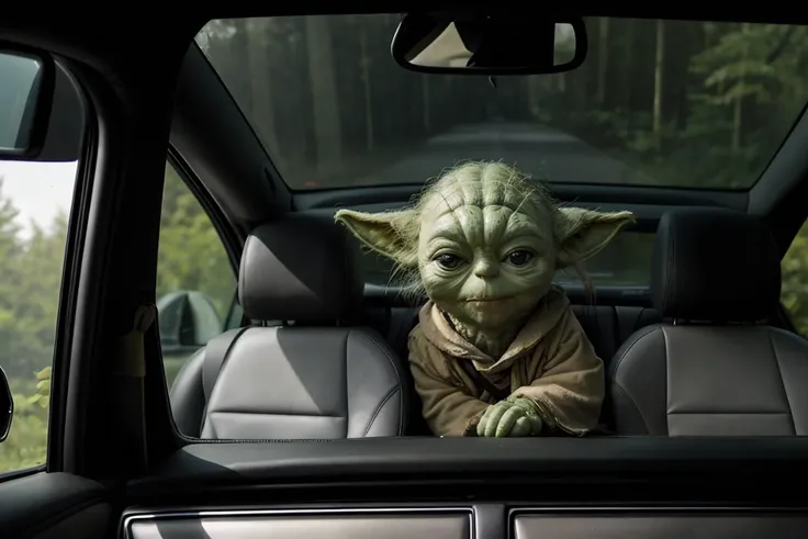 Car interior, focus on Yoda, (seen in the reflection of a rearview mirror), in the middle of the backseat, annoyed, crossed arms,, cracked windshield, highway,