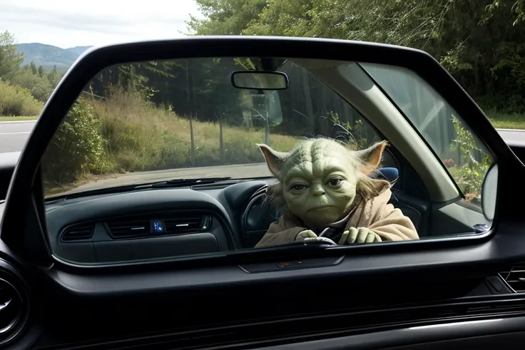 Car interior, focus on Yoda, (seen in the reflection of a rearview mirror), in the middle of the backseat, annoyed, crossed arms,, cracked windshield, highway,