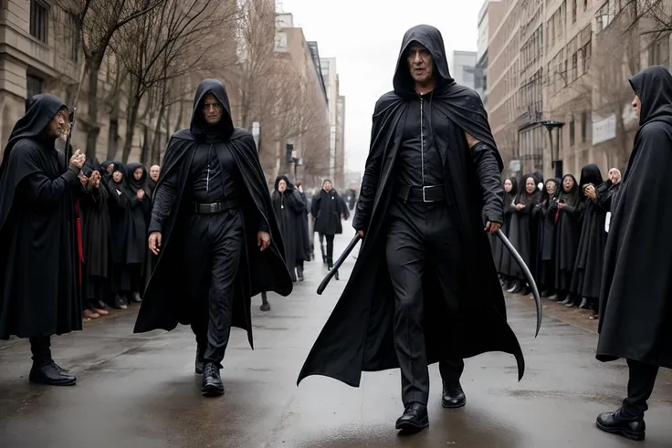(hooded black cloak Grim Reaper/Death holding scythe)
BREAK
terrified Henry Kissinger running from the Grim Reaper,
BREAK
A crowd of happy people cheering and clapping,