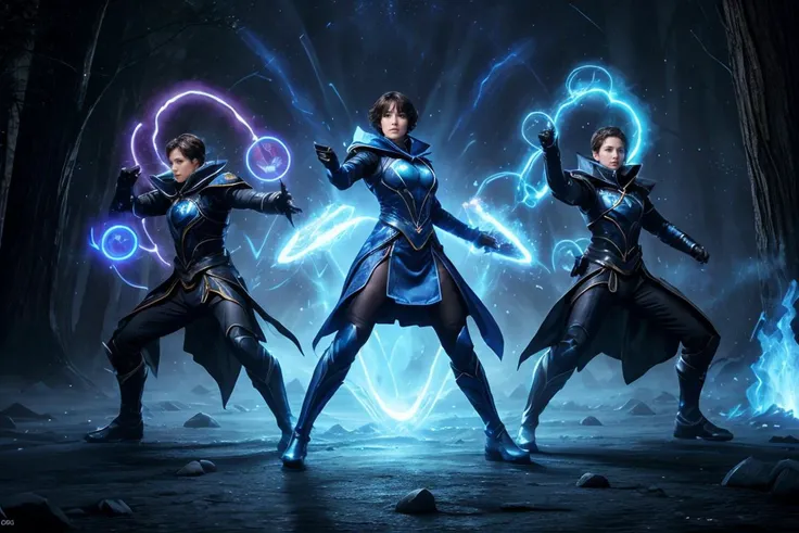 3man, combat pose, full-body, elemental mages, wearing futuristic mage uniform, short hair, casting elemental magic, surrounded by elemental energy, special effects, waning light, hyperdetailed, accurate proportionate, realistic,