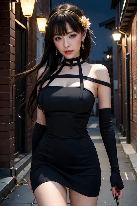 yor briar,
photo of beautiful girl, close up shot, looking at viewer, close mouth, bare shoulders, black dress, black gloves, large breasts, dress, earrings, fingerless gloves, floating hair,gloves, gold earrings, gold hairband, hair flower, hair ornament, hairband, jewelry, large breasts, long hair, off-shoulder dress, off shoulder, short hair with long locks, sidelocks, spikes, thighs, two-sided dress, two-sided fabric, close lips,
on the dark alley, night,
8k UHD, DSLR, cinematic lighting,