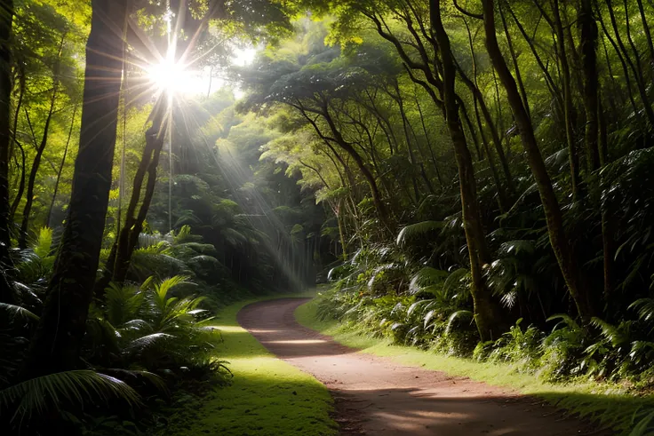 beautiful rainforest, sun rays beaming from canopy