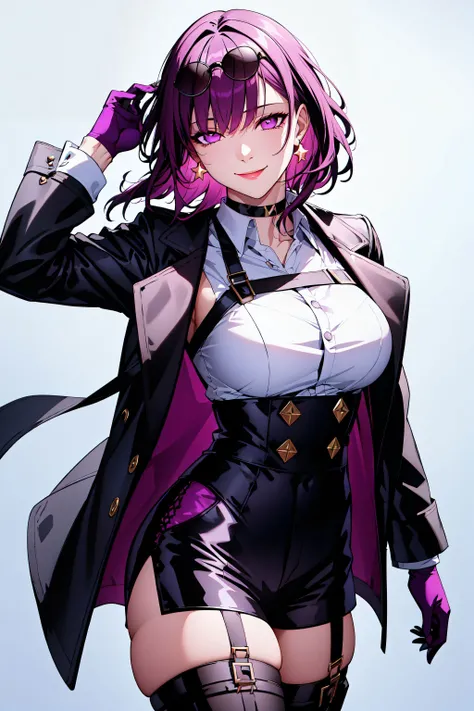 a handsome girl, solo,
purple hair, pink eyes, bright eyes,
navel, black short jacket, tie, black shorts, garter rings, purple tights,
expressionless, blurry background, perfect lighting,
masterpiece, best quality, extremely detailed face, extremely detailed,