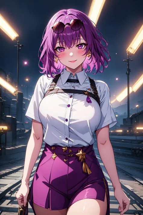 girl ((((thick 1girl)))) ((((thick thighs)))) (caramel skin) short purple hair, elf ears, beautiful brown eyes, cute top, pleated skirt, blushing deeply, large breasts, very embarrassed expression, seductive, cyberpunk setting,