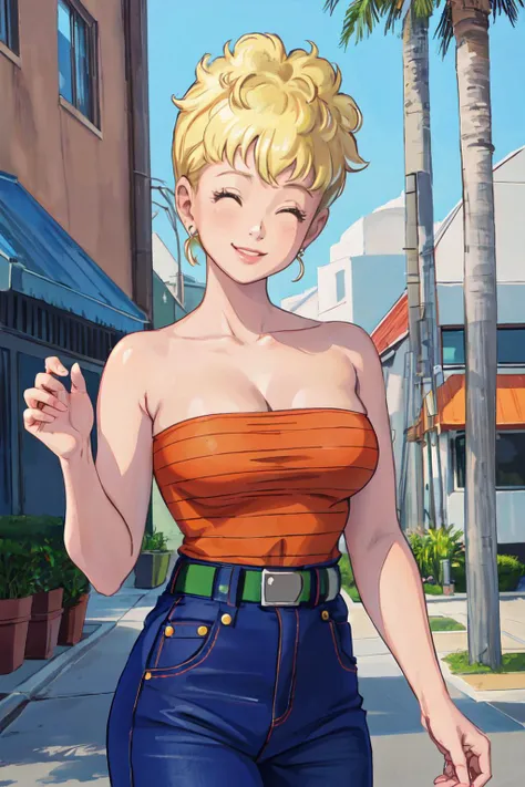 (best quality, masterpiece, RAW photo,ultra-detailed:1.2), 1girl, looking at viewer, smile,
panchy, closed eyes,orange shirt, strapless, belt, blue pants, huge breasts, from above,