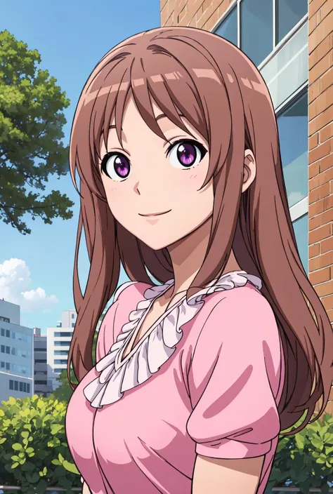 (best quality), (masterpiece), rinna_fuwa, brown hair, purple eyes, pink shirt, outdoors, office building, looking at viewer, smiling, upper body, <lora:rinna_fuwa:0.8>