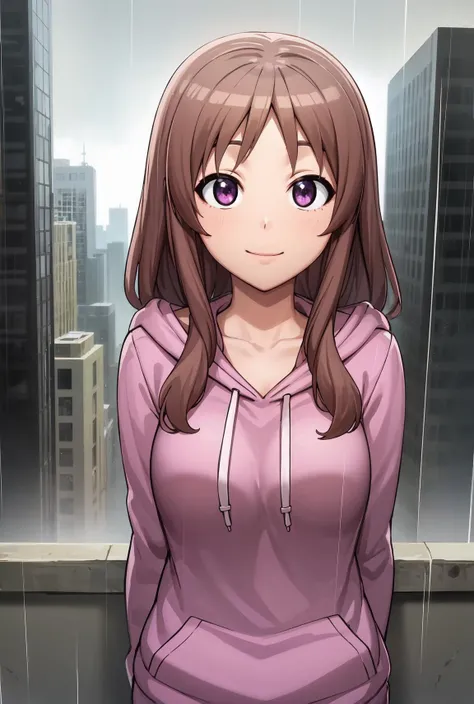 (best quality), (masterpiece), rinna_fuwa, brown hair, purple eyes, hoodie, looking at viewer, smiling, city, raining, overcast sky, upper body, <lora:rinna_fuwa:0.8>