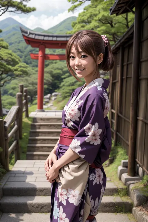 (best quality), (masterpiece), rinna_fuwa, brown hair, purple eyes, yukata, looking at viewer, smiling, stairs, japanese temple, mountain, forest, torii, upper body, <lora:rinna_fuwa:0.8>