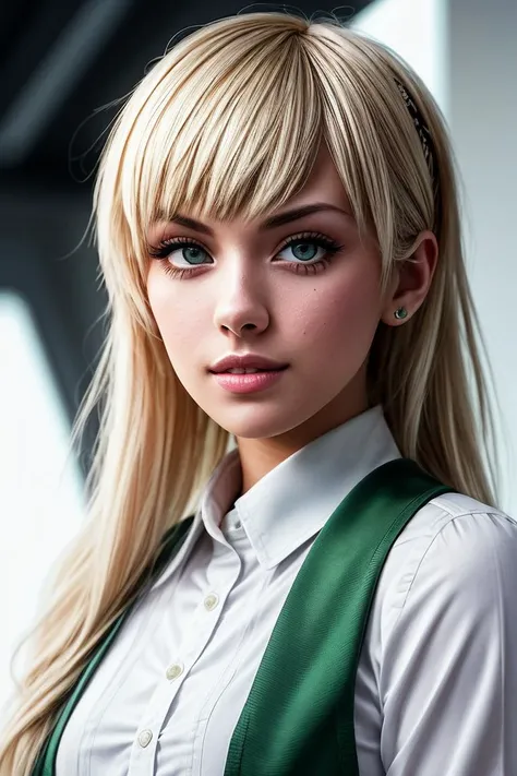 photo of beautiful (emm4m4e-145:0.99), a woman with perfect hair, hair upsweep updo, wearing (green school uniform:1.1), ((Kawaii Gamer:1.1)), (plain white background:1.1), modelshoot style, (extremely detailed CG unity 8k wallpaper), professional majestic photography, (smile), ((upper body)), (Nikon L35AF Camera), 24mm, exposure blend, hdr, faded, extremely intricate, High (Detail:1.1), Sharp focus, dramatic, soft cinematic light, (upper body), (looking at viewer), (detailed pupils), 4k textures, soft cinematic light, adobe lightroom, photolab, elegant, ((((cinematic look)))), soothing tones, insane details, hyperdetailed, low contrast