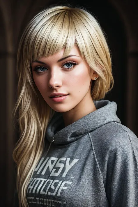 photo of beautiful (emm4m4e-145:0.99), a woman in a (dungeon:1.1), perfect hair, wearing (sweatshirt:1.2), modelshoot style, (extremely detailed CG unity 8k wallpaper), professional majestic (photography by ansel adams:1.1), (Konica Hexar AF Camera), 24mm, exposure blend, hdr, faded, extremely intricate, High Detail, Sharp focus, dramatic, soft cinematic light, (looking at viewer), (detailed pupils), cute smile, 24mm, 4k textures, soft cinematic light, adobe lightroom, photolab, elegant, ((((cinematic look)))), soothing tones, insane details, hyperdetailed, low contrast