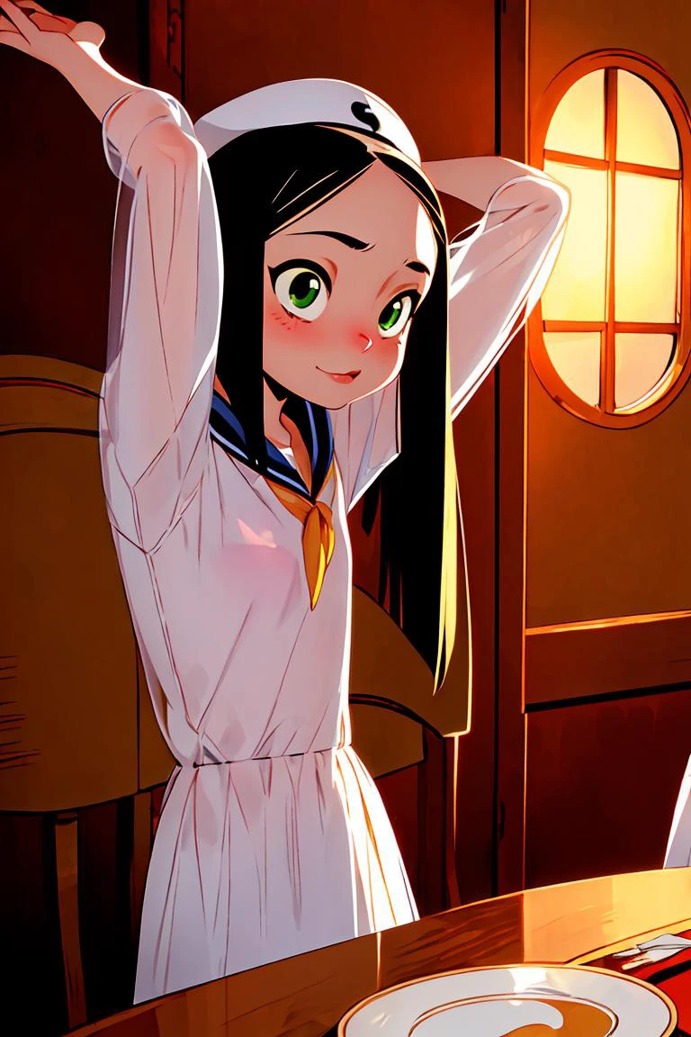 (masterpiece, best quality), female adolescence, petite, indigenous peoples of the america, green eyes,  long nose, receding chin with cleft, underbite jaw, plump cheeks, low forehead,    halloween makeup , dark auburn long and straight hair, excitement wearing cheeky, bra with see-through panels,  sailor hat,, stretching pose, stretching the body with arms raised, showing off natural grace and poise, misty lighting, soft, misty light adding an air of mystery and enchantment to the scene, a family dinner gathering, with a beautifully set table and heartfelt conversations
