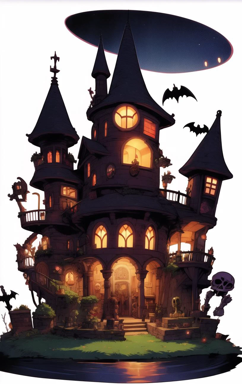 anime artwork, anime style, key visual, vibrant, studio anime, highly detailed BREAK nightmarish steampunk gothic skeleton vampire's castle monster mash punch witches' brooms witch's cackle tombstone spotlight vampire fangs participating in costume parades