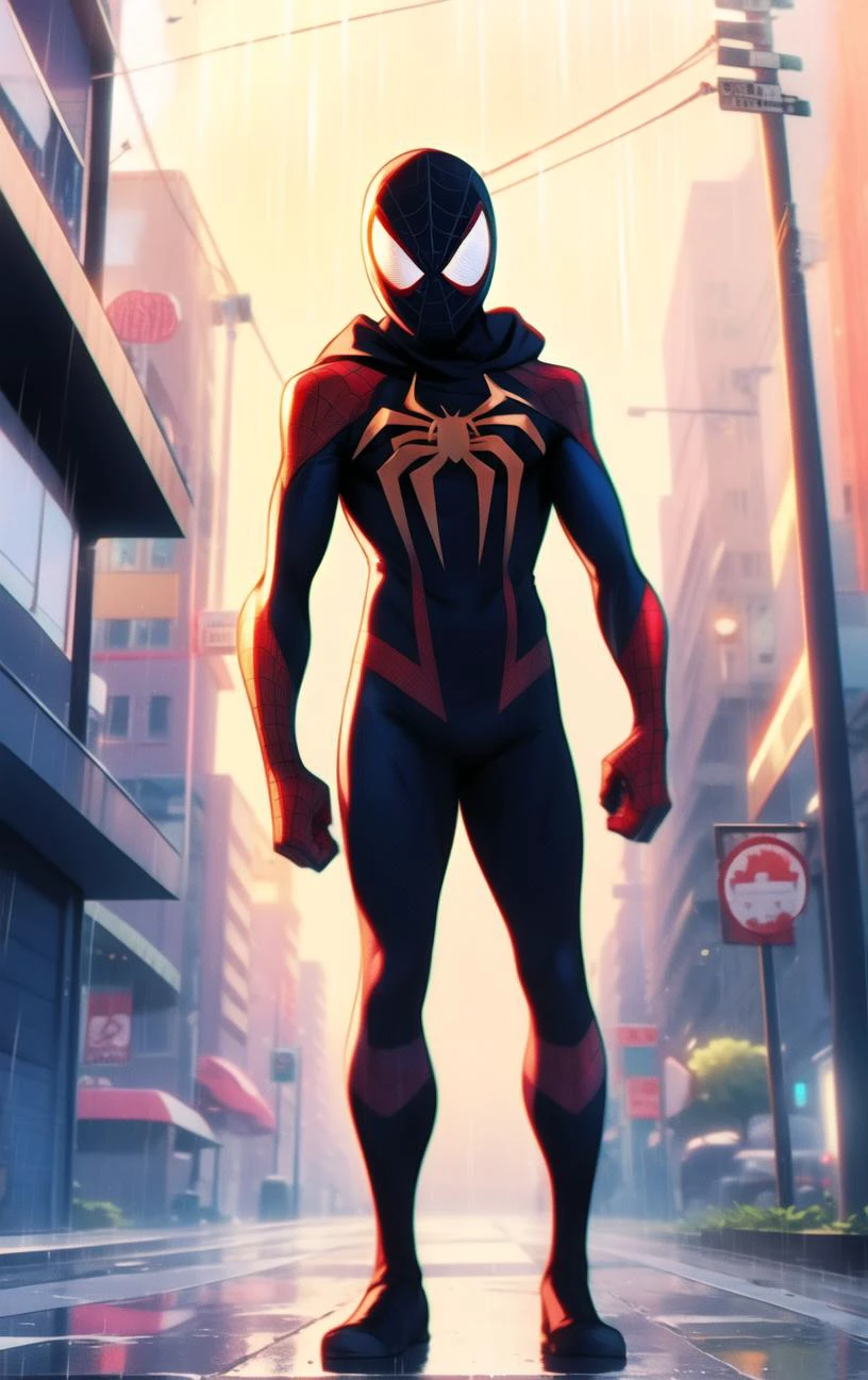 1boy, man, spiderman, spidersuit, armor, hood, helmet, spider web print, city streets, rain, reflections