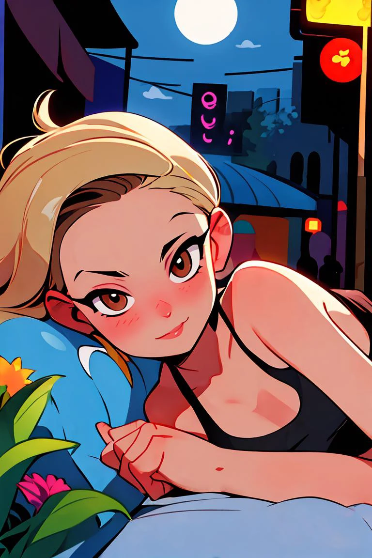 (masterpiece, best quality), female eighteen, firm, south asian, dark brown eyes,   v-shaped chin,  unique cheeks, rounded forehead, pear face shape,   , ash blonde tousled waves hair, rage wearing microfiber g-string, sports bra,  , lying on side, lying on the side with a coy and alluring expression, creating a captivating and intimate pose, moonlight, soft, cool light from the moon, evoking a mysterious and ethereal atmosphere, a lively street fair, with food stalls, live music, and laughter