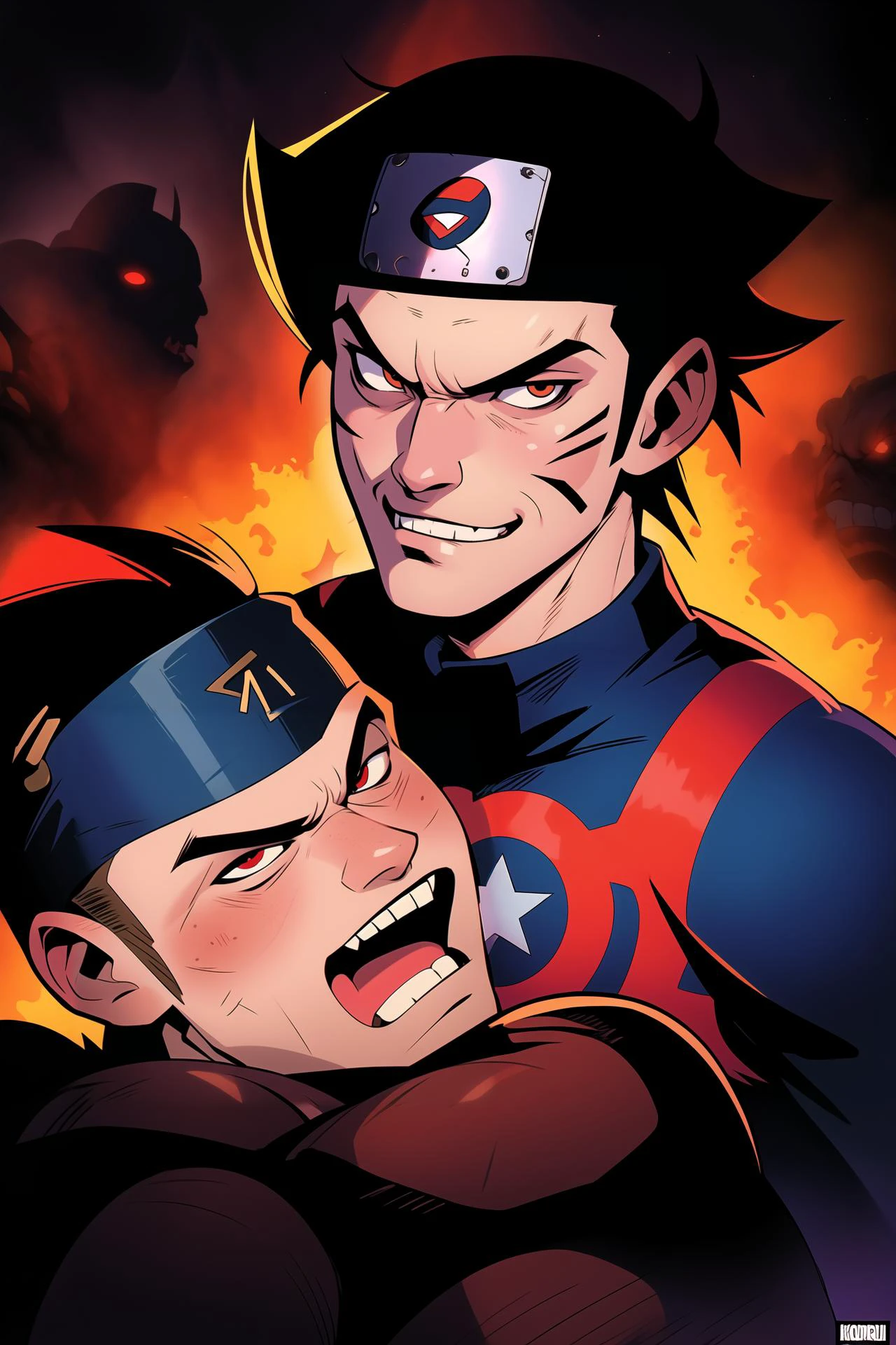 Air brush of long shot creepy captain america, marvel character, in the style of richard corben, by todd mcfarlane, arthur sarnoff, nightmarish illustrations, nightmares, highly details, extremely detailed, gorecore, foreboding colors, i want the whole image to be created in 3D anime style, looking at viewer, short hair, blonde hair, black hair, red eyes, long sleeves, closed mouth, upper body, male focus, multiple boys, artist name, signature, 2boys, hug, headband, watermark, facial mark, spiked hair, realistic, nose, whisker markings, forehead protector, embers, konohagakure symbol, uzumaki naruto