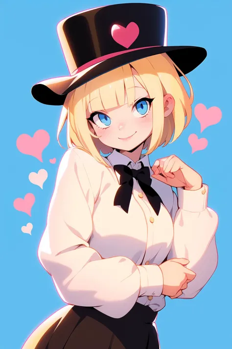 1girl, solo, looking at viewer, blush, smile, short hair, bangs, blue eyes, blonde hair, simple background, shirt, long sleeves, hat, white background, bow, closed mouth, jacket, white shirt, upper body, heart, collared shirt, bowtie, black jacket, head tilt, hands up, v, black headwear, black bow, top hat, double v