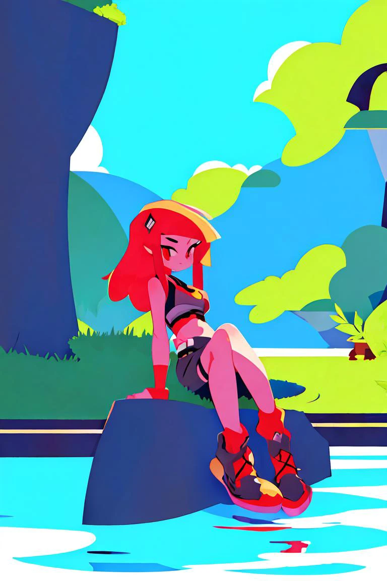 (masterpiece, best quality), female early twenties, broad, east asian, ruby red eyes, split ears, round nose,     triangle face shape,   , ginger side-swept bangs hair, rage wearing shorts, teddy, chelsea boots, , leaning back arch, leaning back with an arch, accentuating the body's contours and confidence, silhouettes, characters outlined against a bright background, evoking intimacy without explicit details, a peaceful lakeside retreat, with serene waters and people enjoying recreational activities