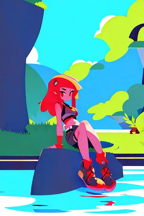 (masterpiece, best quality), female early twenties, broad, east asian, ruby red eyes, split ears, round nose, triangle face shape, , ginger side-swept bangs hair, rage wearing shorts, teddy, chelsea boots, , leaning back arch, leaning back with an arch, accentuating the body's contours and confidence, silhouettes, characters outlined against a bright background, evoking intimacy without explicit details, a peaceful lakeside retreat, with serene waters and people enjoying recreational activities