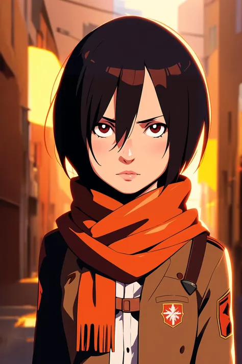 i want the whole image to be created in 3D anime style, 1girl, solo, looking at viewer, short hair, bangs, shirt, black hair, hair between eyes, brown eyes, closed mouth, jacket, white shirt, upper body, artist name, scarf, open jacket, lips, wind, portrait, red scarf, brown jacket, nose, emblem, paradis military uniform, embers, survey corps (emblem), mikasa ackerman