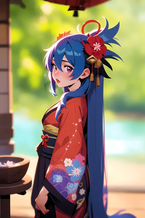 long hair, breasts, looking at viewer, blush, bangs, multiple girls, hair ornament, dress, cleavage, medium breasts, blue hair, purple eyes, flower, outdoors, parted lips, horns, solo focus, hair flower, blurry background, ganyu (genshin impact), i want the whole image to be created in 3D anime style, 1girl, solo, long hair, looking at viewer, bangs, black hair, red eyes, hair between eyes, upper body, parted lips, japanese clothes, kimono, blurry, from side, lips, depth of field, blurry background, floral print, realistic, red lips, vampire