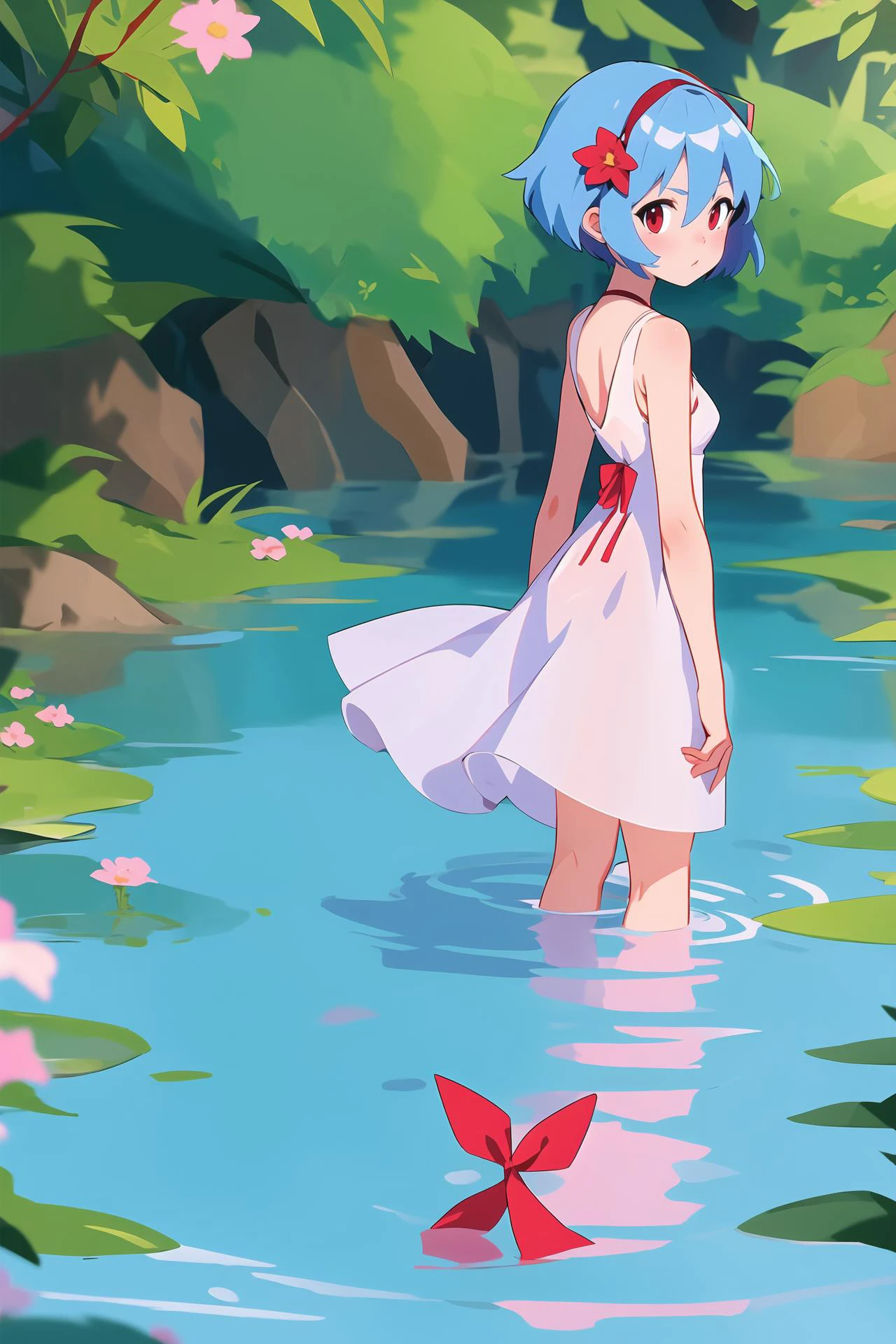1girl, solo, breasts, looking at viewer, short hair, bangs, hair ornament, red eyes, dress, ribbon, hair between eyes, bare shoulders, blue hair, flower, outdoors, sleeveless, water, white dress, red ribbon, sleeveless dress, nature, wading, ayanami rei