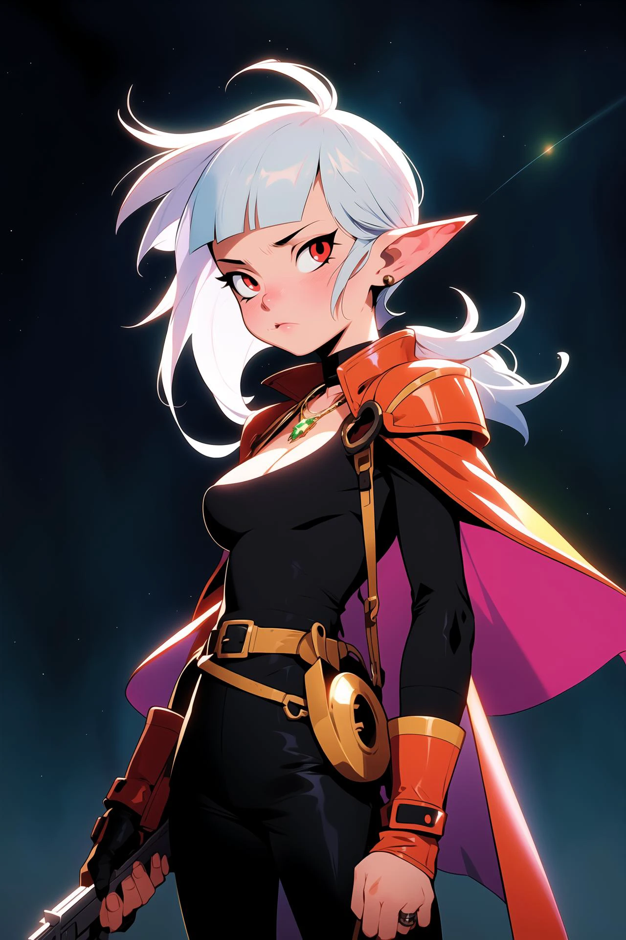 A little anime boy with close - up eyes, sparkling eyes, close - up, two eyes looking forward, long eyelashes, bangs, surrounded by many colorful stars, brilliant colors, meteors, MilkyWay, colorful star clusters, close - up shots, oil painting style, very obvious oil painting minimalist palette style, 32k uhd, beautiful booru, old era, color manga, i want the whole image to be created in 3D anime style, solo, long hair, looking at viewer, simple background, shirt, red eyes, gloves, long sleeves, 1boy, jewelry, closed mouth, standing, white hair, grey hair, male focus, cowboy shot, pointy ears, pants, necklace, cape, fingernails, black shirt, facial hair, black pants, ring, cross, brooch, gem, beard, long fingernails, high collar, mustache, sharp fingernails, black cape, vampire, 1girl, solo, breasts, large breasts, gloves, holding, cleavage, standing, weapon, holding weapon, armor, huge breasts, gun, bodysuit, blurry background, helmet, shoulder armor, genderswap, holding gun, genderswap (mtf), handgun, trigger discipline, green gloves