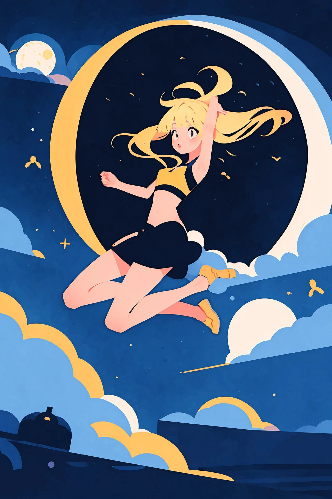 1girl, small  breasts,full body , jumping,blonde hair,bangs,dark, moon, space