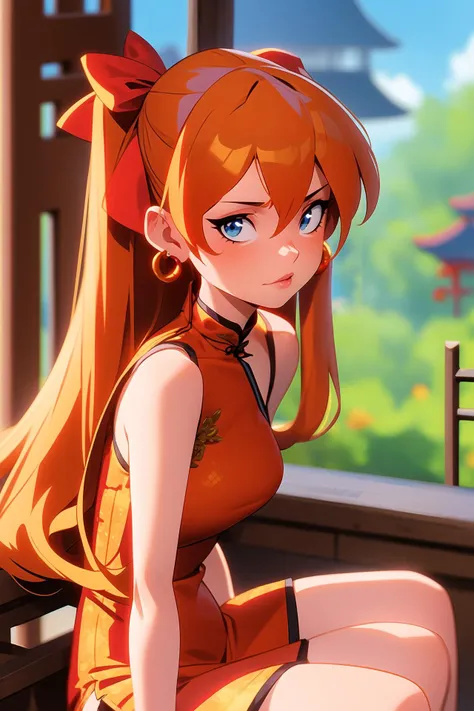 i want the whole image to be created in 3D anime style, 1girl, solo, long hair, breasts, looking at viewer, bangs, blue eyes, brown hair, dress, ribbon, hair between eyes, bare shoulders, jewelry, medium breasts, sitting, closed mouth, earrings, sleeveless, orange hair, blurry, lips, sleeveless dress, chinese clothes, red dress, china dress, hoop earrings, souryuu asuka langley