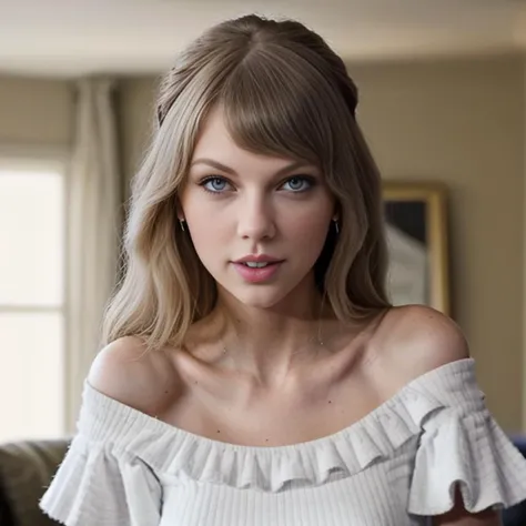 pov shot, taylorswift, violet_off-shoulder_t-shirt, (high_detail intricate lifelike), playful_expression, eyes, sandy_hair, livingroom