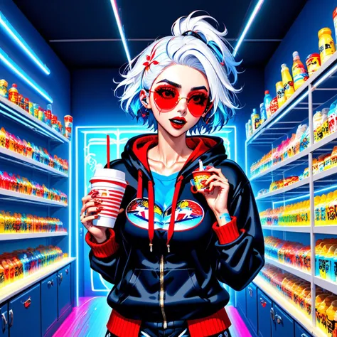 aszkstzz, white hair, island, sunglasses, holding cup, black jacket, school uniform, red lips, holding food, looking to the side, blue hoodie, neon lights, messy hair, short sleeves, hair up, mascara, blue bra, bottle, medal, socks, sweater, shelf, bodypaint