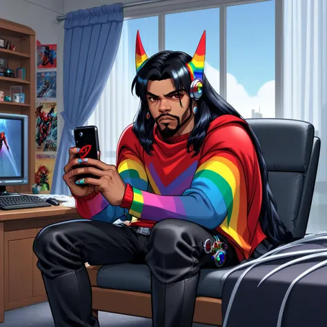 aszkstzz, black wings, solo, ice cube, robot, computer, curtains, absurdly long hair, pillow, blunt bangs, cutoffs, fang, fake animal ears, old, phone, from behind, rainbow, shoulder armor, ear piercing, piercing, red sweater, black nails, superhero