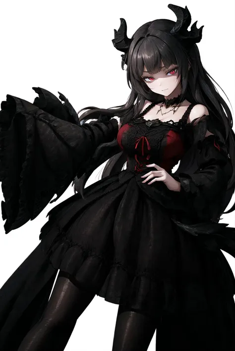 (masterpiece:1.3), best quality, highres, absurdres, 4k, raytracing, detailed, intricate, intricate details, 1girl, (mature female:1.2), glowing eyes, eyeshadow, evil eyes, half-closed eyes, (black dragon horns), (black long hair, very straight hair, blunt bangs, hime cut), red eyes, outdoors, people, medieval town, <lora:Clothes_lo_dress_gothic_style1_v2:0.65>, lo_dress, long sleeves, detached sleeves, black pantyhose, <lora:Skyrim_VitalyaV4-000008:0.4>, <lora:WaifuDragon:0.6>, <lora:a_jkStyle_jkfinal:0.3>, <lora:a_imizuNitroUnknown_imizufinal:0.2>, (black hair),