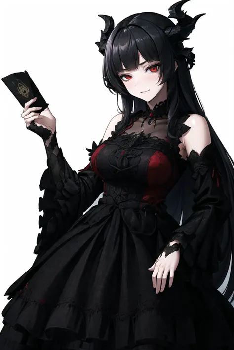 (masterpiece:1.3), best quality, highres, absurdres, 4k, raytracing, detailed, intricate, intricate details, 1girl, (mature female:1.2), glowing eyes, eyeshadow, evil eyes, half-closed eyes, (black dragon horns), (black long hair, very straight hair, blunt bangs, hime cut), red eyes, outdoors, people, medieval town, <lora:Clothes_lo_dress_gothic_style1_v2:0.6>, lo_dress, long sleeves, detached sleeves, black pantyhose, <lora:WaifuDragon:0.5>, <lora:a_jkStyle_jkfinal:0.3>, <lora:a_imizuNitroUnknown_imizufinal:0.2>, (black hair),