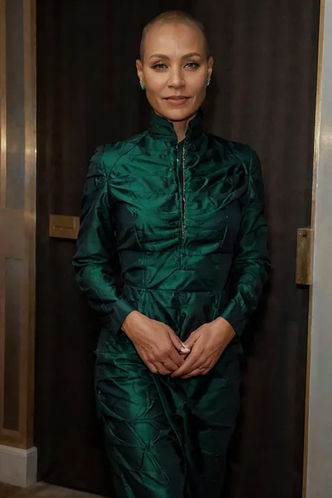 <lora:Japism_V1-000012:1>, (full body shot:0.65), realistic photo of Japism, a middle aged woman, (fine lines and wrinkles:0.7), (bald:0.75), wearing a green dress, standing, looking at the camera, simple background, (masterpiece:1.0), (best quality:1.0), beautiful, (intricate details), flash photography