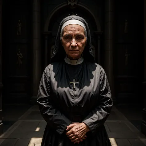 old nun,masterpiece,8k,best quality,perfect light,perfect shadow,photorealistic,detailed,praying infront of a demon,standing infront of demon,demon infront of her,<lora:more_details:1.0>,