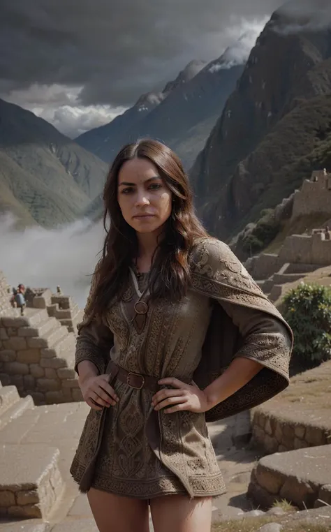 (Dolly zoom:1.5),([style of Jovana Rikalo, OverallDetail:style of Liam Wong, HairDetail SkinDetail:0.6]:1.5), chiaroscuro, (Layered Depth, Soft focus foreground:1.1),(moody atmospheric cinematic establishing shot of gorgeous woman, highly detailed background:1.2), volumetric lighting, subsurface scattering, dynamic pose, (special effects, color grading, fractal fantasy aura),(dynamic pose:1.4), (Inca Engineer at Machu Picchu (15th Century:1.4), In her mid-20s, her physique is strong and accustomed to the rigors of construction. Her hair, dark and straight, is kept short for practicality. She wears the simple but functional attire of her profession, including a tunic and cloak woven with geometric patterns that denote her region and rank, her clothing designed to withstand the varied climates of the Andes.