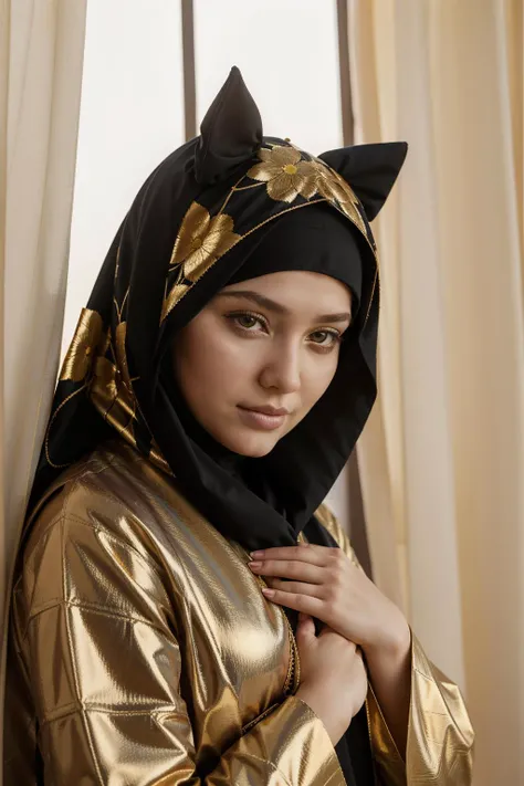 1girl, art by Andrey Remnev, Jake Parker, best quality, close up of a (Animal of Dismal:1.3) , it is Vibrant, wearing Abaya with Bamboo trimmings, Hands above the head, flowers, at Golden hour, Evil, Beautifully Lit, Sony A9 II, F/14, vivid