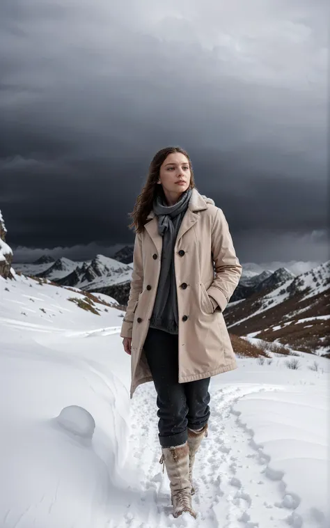 (beautiful fashion photo of 21-year-old young woman [Anastasia|Natalia|Elena|Irina|Olga|Tatiana|Ekaterina|Ksenia] style of [Annie Leibovitz|Mario Testino|Helmut Newton|Steven Meisel|Ellen von Unwerth]:1.35) (cinematic establishing shot:1.2), (Layered Depth, Soft focus foreground:1.2), [[[SkinDetail HairDetail]]] (solo-focus, cinematic photoshoot of perfect seductive young woman Navigating a Treacherous Mountain Path in a Blizzard:1.3), perilous journey along a snow-laden mountain path, with fierce blizzard winds sculpting surreal snowdrifts and ice formations, under a brooding, stormy sky.