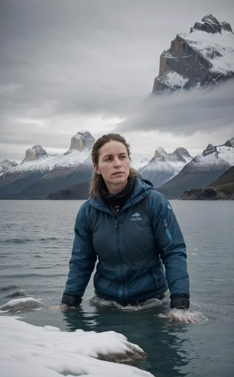 (Point-of-view shot:1.5),([style of Jovana Rikalo, OverallDetail:style of Liam Wong, HairDetail SkinDetail:0.6]:1.5), chiaroscuro, (Layered Depth, Soft focus foreground:1.1),(moody atmospheric cinematic establishing shot of gorgeous woman, highly detailed background:1.2), volumetric lighting, subsurface scattering, dynamic pose, (special effects, color grading, fractal fantasy aura),(dynamic pose:1.4), (style of Paul Nicklen), [remote wilderness exploration:Puerto Natales ocean research:0.8] narrative, capturing the essence of a dedicated ocean researcher's journey in the rugged, serene landscape of Puerto Natales, Chile. Amidst this backdrop of natural majesty, the researcher stands as a figure of resilience and curiosity, her attire a practical ensemble of waterproof gear and sturdy boots, designed to withstand the unpredictable weather and rough terrains of the region. Her equipment is state-of-the-art, including marine GPS, water sampling bottles, and a rugged laptop, signaling a commitment to uncovering the secrets held by the ocean and its ecosystems. The setting is a breathtaking view of the fjords near Puerto Natales, where the stark, dramatic beauty of the cliffs meets the tranquil, deep blue of the ocean. This area, a gateway to the Torres del Paine National Park, serves as a less-trodden path to understanding the complex marine environment. The composition captures her aboard a small research vessel, navigating through the serene waters, with the panoramic vista of snow-capped mountains in the distance, reflecting the unique confluence of marine and mountain ecosystems. In the foreground, the researcher is depicted collecting water samples, her focused gaze reflecting the importance of her work in contributing to our understanding of these remote waters. The scene is enriched by the presence of local marine life - perhaps a group of Patagonian dolphins accompanying the boat, hinting at the biodiversity that thrives in these cold waters. This imagery not only highlights the researcher's individual journey but also speaks to the broader narrative of exploration and conservation in one of the planet's most remote and beautiful locales. It's a testament to the spirit of adventure and scientific inquiry that drives individuals to these far corners of the earth, seeking to preserve the delicate balance of our natural world.