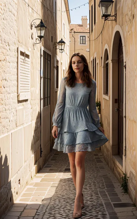 (beautiful fashion photo of 21-year-old young woman [Anastasia|Natalia|Elena|Irina|Olga|Tatiana|Ekaterina|Ksenia] style of [Annie Leibovitz|Mario Testino|Helmut Newton|Steven Meisel|Ellen von Unwerth]:1.35) (cinematic establishing shot:1.2), (Layered Depth, Soft focus foreground:1.2), [[[SkinDetail HairDetail]]] (style of Fan Ho), [vibrant Lisbon lightplay:urban texture:0.8] composition, capturing a mesmerizing moment of a woman moving through a narrow alley in Lisbon, Portugal, her form bathed in the interplay of light and shadow. Her attire, a simple yet elegant dress, mirrors the myriad of pastel hues that adorn the city's buildings, its fabric catching the sunlight that filters through the alley, creating a dynamic silhouette against the cobblestones. Her presence is accentuated by the subtle, intricate patterns of the azulejo tiles that line the walls around her, their historic designs a testament to Portuguese artistry. The scene is set within the labyrinthine hilly streets of Lisbon, where every turn reveals a new vista of architectural beauty and light. The composition focuses on the stark contrasts and soft transitions between light and shadow, crafting a narrative of exploration and discovery. The woman's path through the alley, bordered by the unique textures and colors of Lisbon's urban landscape, becomes a journey through a city alive with history and vibrant energy. This photograph captures a fleeting moment of connection between the subject and her surroundings, where the interplay of light and shadow tells a story of the day's beginning or end. It's a celebration of Lisbon's architectural charm, from the variegated pastel-colored buildings to the decorative azulejo tiles that offer a glimpse into the past. The image is a poetic reflection on the beauty of the mundane, transforming an ordinary walk through the city into an extraordinary exploration of light, texture, and color.